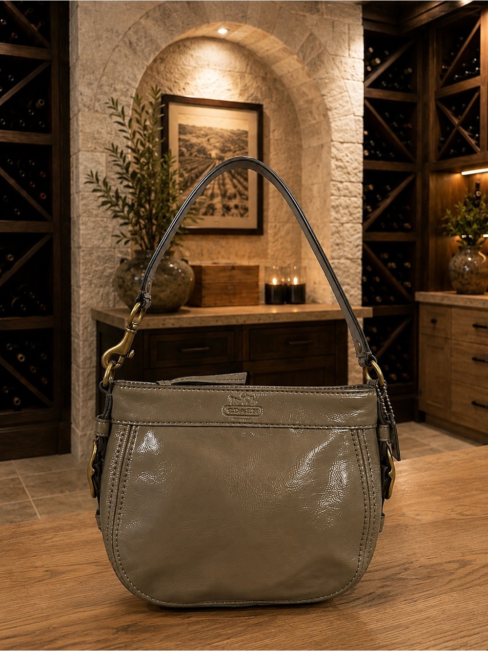 COACH Zoe Small Olive Patent Leather Hobo Shoulder Bag